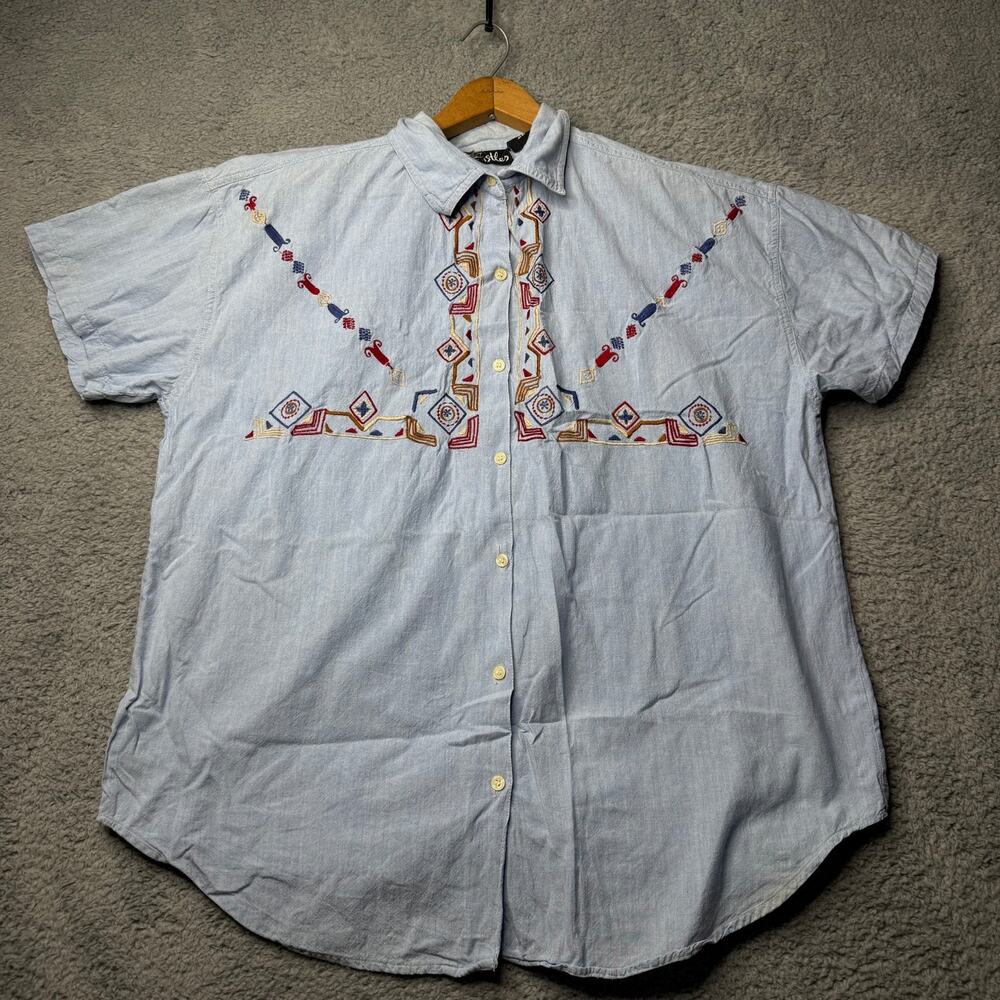 VTG Western Aztec Embroidered Shirt Women's Size 22 Blue Short Sleeve Button Up